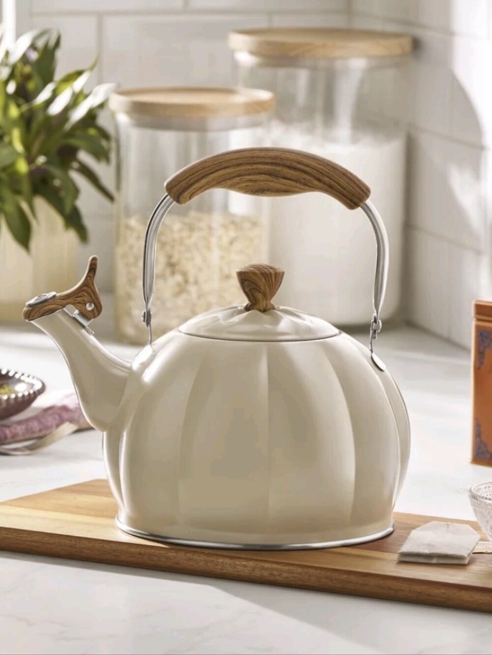 The Pioneer Woman Taupe Pumpkin Whistling Tea Kettle with Wood-Tone Handle